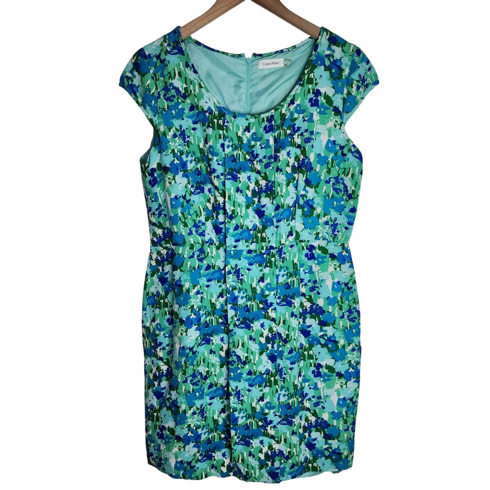 Calvin Klein Dress‎ Women's 12 Floral Linen Blend Green Blue